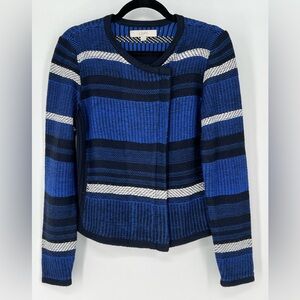 Ann‎ Taylor LOFT blue, black & white striped asymmetrical zip-up knit sweater